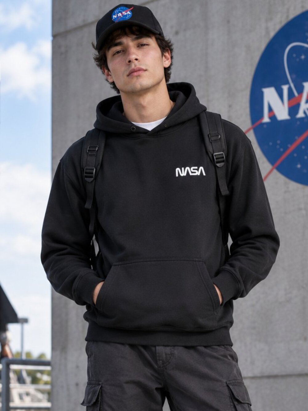 NASA Black Pullover Hoodie Sweatshirt Graphic Logo Kangaroo Pocket Casual